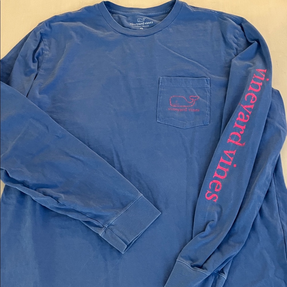 Vineyard Vines Blue Shirt with Pink Logo